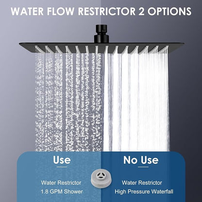 12x8 Inch Rectangle Rain Shower Head Black, All Metal Stainless Steel 304, Full Body Rainfall Shower with 112 Silicone Nozzles, Ceiling Rain Showerheads