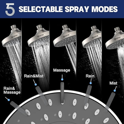 HOPOPRO 5-Mode High Pressure Shower Head - The Washington Post, NBC News, Today TV Show Recommended - High Flow Fixed Showerheads (6 Inch Brushed Nickel)