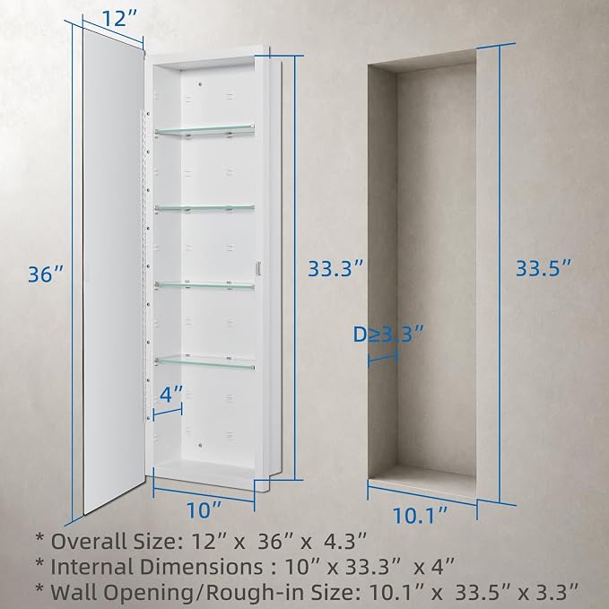 IDYLLOR Bathroom Medicine Cabinet with Beveled Edge Mirrored Door 12 x 36 inch, Recessed or Surface Mount, with Adjustable Glass Shelves