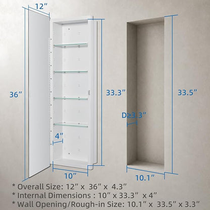 IDYLLOR Bathroom Medicine Cabinet with Beveled Edge Mirrored Door 12 x 36 inch, Recessed or Surface Mount, with Adjustable Glass Shelves
