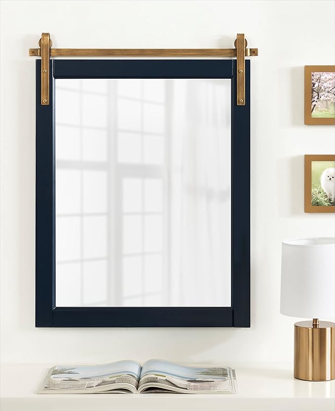 Kate and Laurel Skylan Modern Farmhouse Decorative Wood Framed Wall Mirror; 22 x 28; Navy and Antique Gold; Barn Door-Inspired Wall Hanging Mirror for Bathroom or Living Room Uses