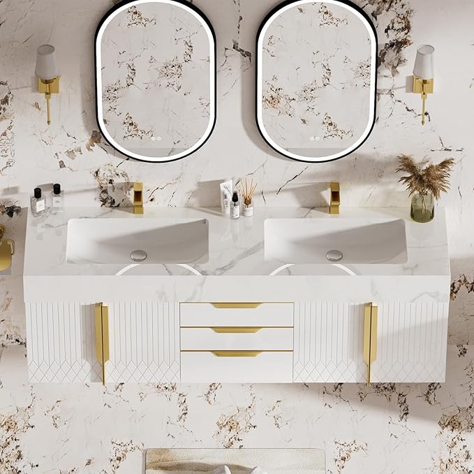 homary 60" Floating Bathroom Vanity Set with Double Sink, Modern Bathroom Sink Cabinet Storage Cabinet with Sintered Stone Countertop and Ample Storage, White