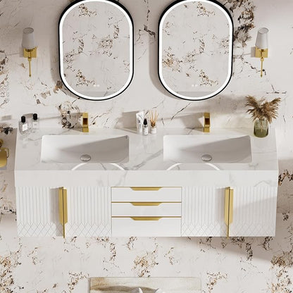 homary 60" Floating Bathroom Vanity Set with Double Sink, Modern Bathroom Sink Cabinet Storage Cabinet with Sintered Stone Countertop and Ample Storage, White