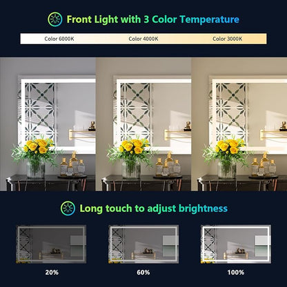 51x40 LED Bathroom Mirror with Lights, RGB Backlit Lighted Mirror | Backlit and Front Light, Anti-Fog, 3 Color Dimmable, Memory, Tempered Glass, IP54 Waterproof, UL Listed