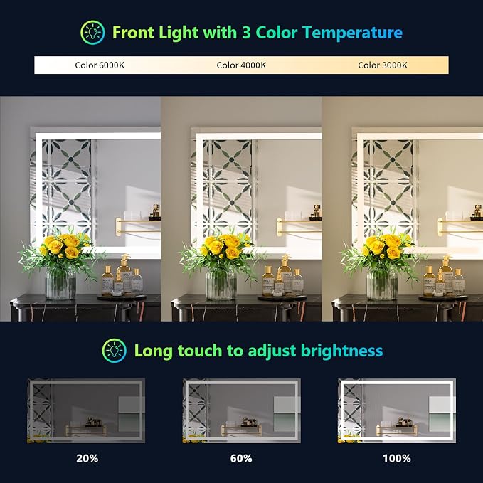55x30 LED Bathroom Mirror with Lights, RGB Backlit Lighted Mirror | Backlit and Front Light, Anti-Fog, 3 Color Dimmable, Memory, Tempered Glass, IP54 Waterproof, UL Listed