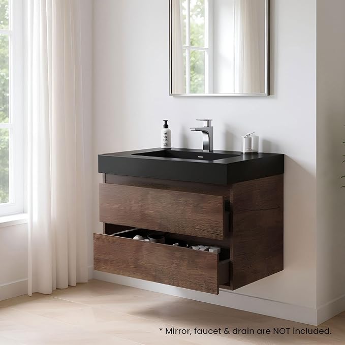 36" Floating Bathroom Vanity with Black Sink, Modern Bathroom Cabinet with Top and Soft Close Drawers, Spacious Storage for Small Space, Walnut - Lavanda Collection