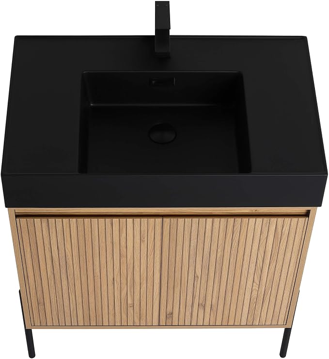 Crownpoint 30 Inch Bathroom Vanity with Sink, Black Sink, Bright Oak Finish, Full Assembly Required, Elegant Bathroom Vanities for Modern Homes