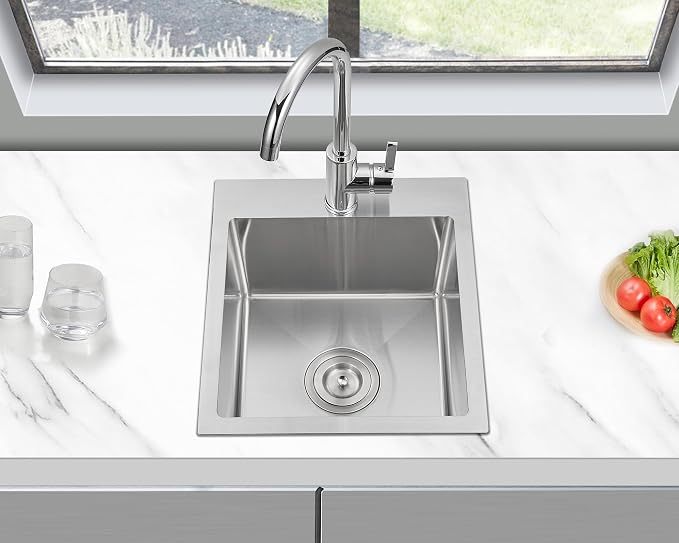 15 x 17 Inch Drop in Sink, Single Bowl Stainless Steel Handmade | 8" Deep Topmount Bar Sink with 1 Faucet Hole, Brushed Finish, Perfect for RV,Caravan and Small Home Kitchen
