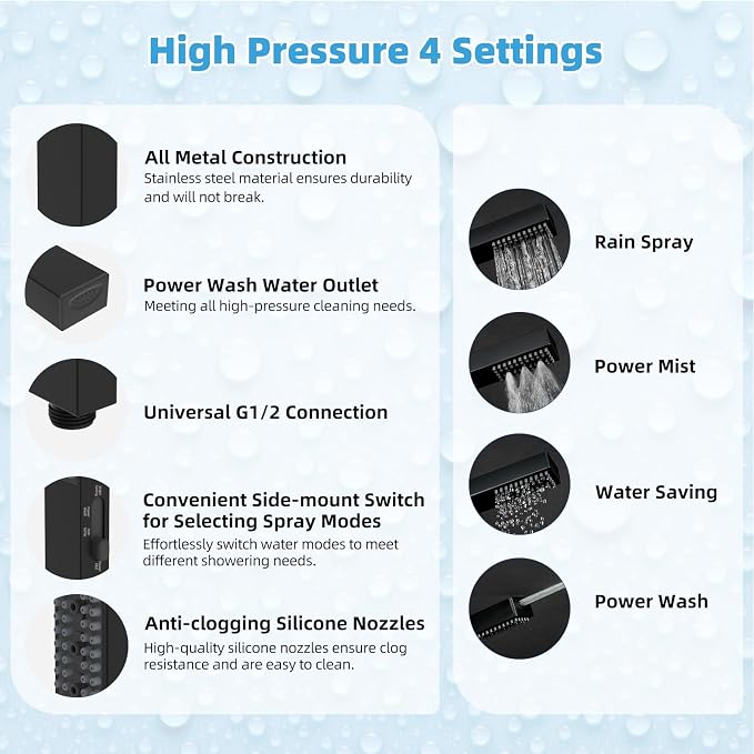 Hibbent All Metal CUPC Certified 12'' Rainfall Shower Head, Dual Shower Head Combo, High Pressure Handheld 4 Sprays Shower Wand, 16'' Adjustable Extension Arm, 71'' Hose, Shower Holder, Matte Black