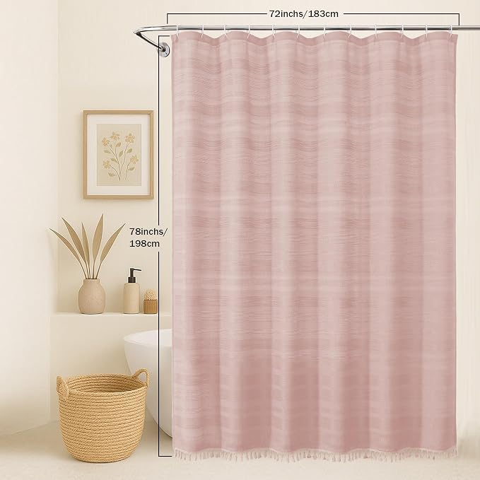 Pink Shower Curtain 78 Inch Long, Boho Thick Linen Textured Shower Curtain with Tassel, Farmhouse Minimalist Striped Weighted Machine Washable Bathroom Decor, 72Wx78L Inches