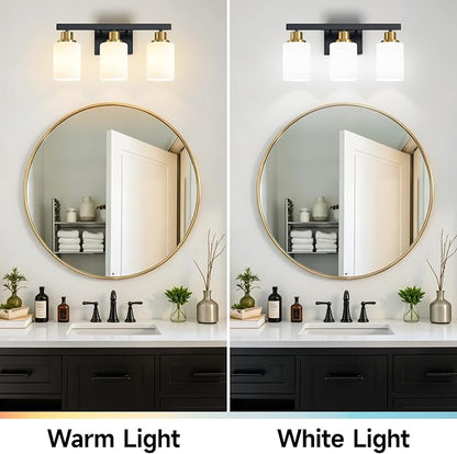 3-Light Vanity Lights,Black and Gold Bathroom Light Fixtures,17" | Modern Black Vanity Lights with White Frosted Glass Shade,Bathroom Lighting Fixtures over Mirror Wall Lamp Sconces