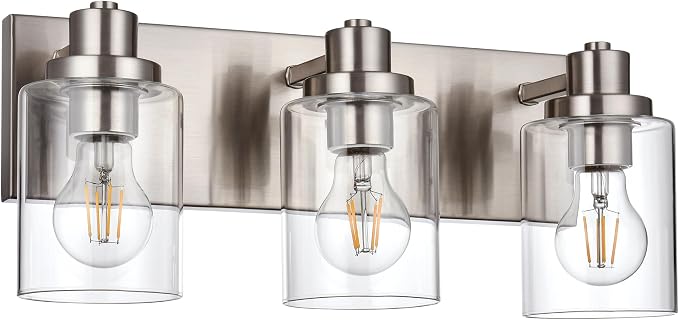 3 Light Bathroom Vanity Light Brushed Nickel Bathroom Lighting Fixtures Over Mirror with Clear Glass Shade, Modern Farmhouse Wall Sconces Vanity Lights for Bedroom Living Room