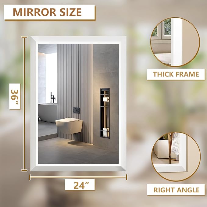 SMIROR 24x36 Matte White Bathroom Vanity Mirror for Over Sink | Metal Wide Frame, Rectangle, Right- Angle Corner, Anti-Rust, Horizontally or Vertically Wall- Mounted for Home Remodel