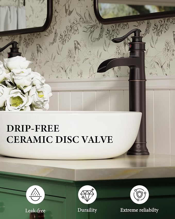 Waterfall Vessel Sink Faucet Brass Single Handle 1 Hole | Bathroom Sink Faucet with Pop Up Drain Without Overflow Oil Rubbed Bronze Tall Bathroom Faucets Homevacious