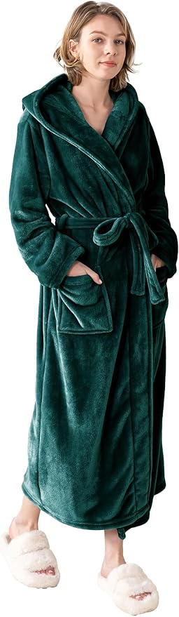 Robes for Women - Hooded Plush Fleece Bathrobe with Sash & Pockets, Full-Length Lightweight Spa Robe