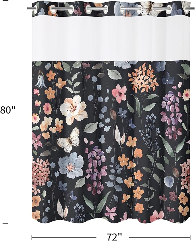 Litabel No Hook Black Watercolor Floral Shower Curtain and Liner Set, 72x80 | Flower Shower Curtains with Snap-in Liner for Farmhouse Bathroom Decor, Botanical Bathroom Curtain with Leaves