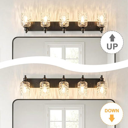 Bathroom Light Fixtures Over Mirror, 5 Lights Vanity Lights with Hammered Glass Shade, 37" Matte Black Farmhouse Bathroom Light Fixtures for Bedroom, Porch, Hotel, Mirror Cabinet