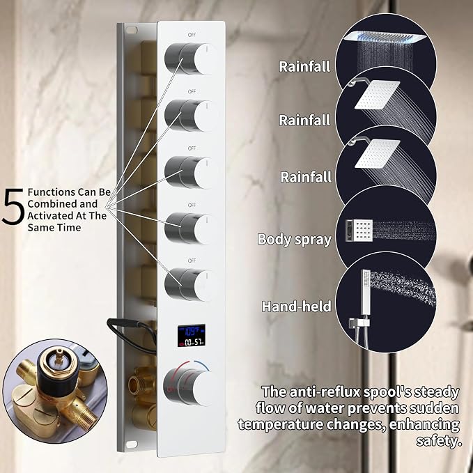 16X26 inch Shower System Chrome Shower Head and Handle Set | Temperature Display Shower Faucet with Dual 8 inch Shower Head, 6 Body Jet, Handheld Shower, 5 Functions Can All Run Together