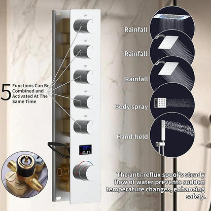 16X26 inch Shower System Chrome Shower Head and Handle Set | Temperature Display Shower Faucet with Dual 8 inch Shower Head, 6 Body Jet, Handheld Shower, 5 Functions Can All Run Together