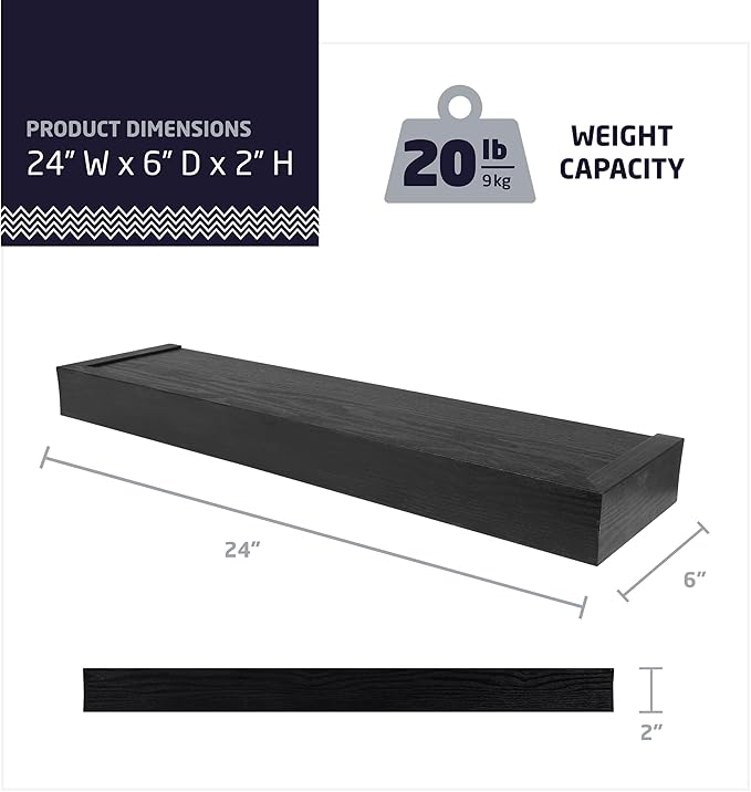 HIGH & MIGHTY 515658 Modern 24" Floating Shelf Holds up to 20lbs, Easy Tool-Free Dry Wall Installation, Flat, eCommerce Packaging, Black
