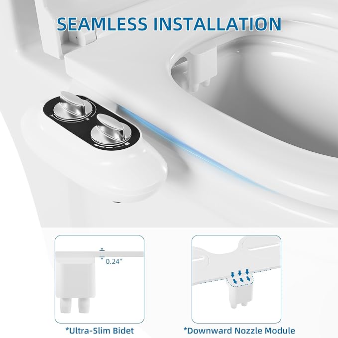 Ultra-Slim 3-in-1 Bidet Attachment for Toilet, Self-Cleaning Dual Nozzles for Posterior & Feminine Wash, Adjustable Water Pressure, Easy Install (Black)