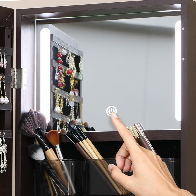 Swivel Full Length Mirror Jewelry Cabinet Standing With Built-In Mirror - 63.7”H Lockable Storage Jewelry Armoire With Mirror Drawers 3 Storage Racks Christmas Gift for Women Brown