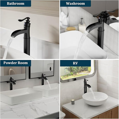 Matte Black Vessel Sink Faucet Tall Brass Waterfall Faucet for Vessel Sink | Bathroom Faucets Farmhouse Single Hole Single Handle Vanity Lavatory Without Overflow Pop Up Drain for Washroom by BATHLAVISH