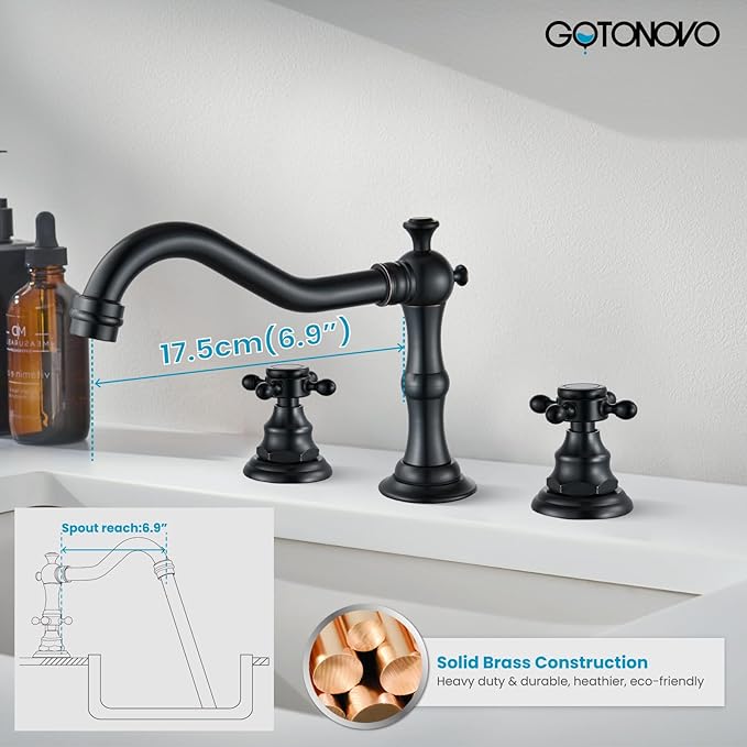 gotonovo 3 Hole Widespread Bathroom Sink Faucet Double Cross Handle Mixer Tap Faucet for Bathroom Sink Vanity Faucet Deck Mount Basin Hot Cold Water Matching Pop Up Drain Oil Rubbed Bronze