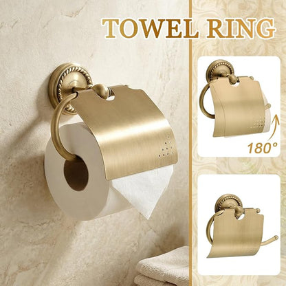 4 Pcs Antique Brass Gold Bathroom Accessories Set Wall-mounted Adjustable Towel Rack & Round Towel Ring & Covered Toilet Paper Holder & Robe Hook Wall Mounted Brass Vintage Bath Hardware Set