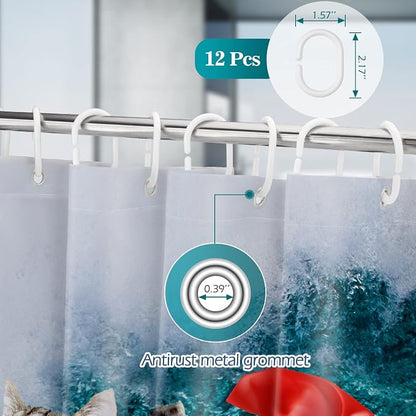 Aimego Extra Long Shower Curtain - Funny Cute Crazy Cat Riding Shark Ocean Fun Fabric Cloth Shower Curtain Set with 12 Hooks for Adults Bathroom Decor Accessories Bath Curtain, 72"x84", Blue Red