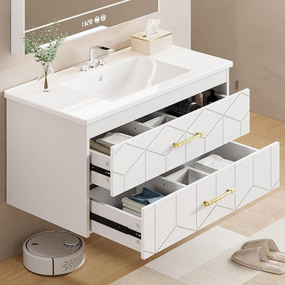 Garvee 36" Bathroom Vanity with Sink, Floating Bathroom Vanity with Ceramic Basin, 2 Large Storage Drawers with Gold Metal Handle, Modern Wall Mounted Bathroom Cabinet with Sink, White
