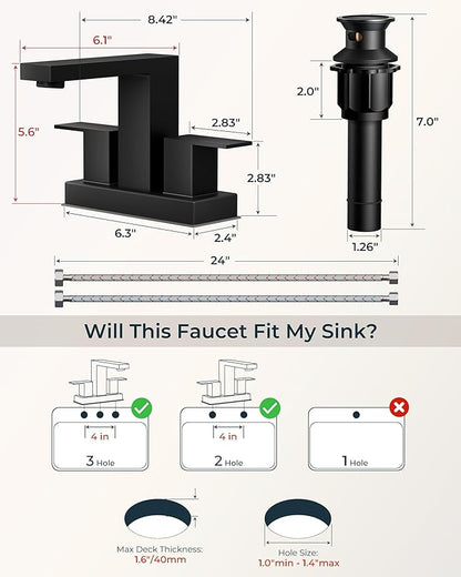 QFN 4 Inch Centerset Bathroom Faucets, Matte Black 2 or 3 Hole Square Bathroom Sink Faucet with Pop-Up Drain and cUPC Supply Line, 2 Handles Suitable for Bath Sink, Vanity, Restroom