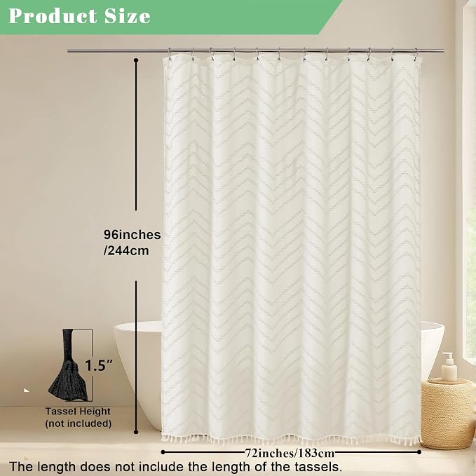 Extra Long Beige Boho Shower Curtain, Chic Tufted Chevron Striped Textured Cloth Fabric Shower Curtains with Tassel for Bathroom, Soft Hotel Style Farmhouse, Machine Washable, 72x96