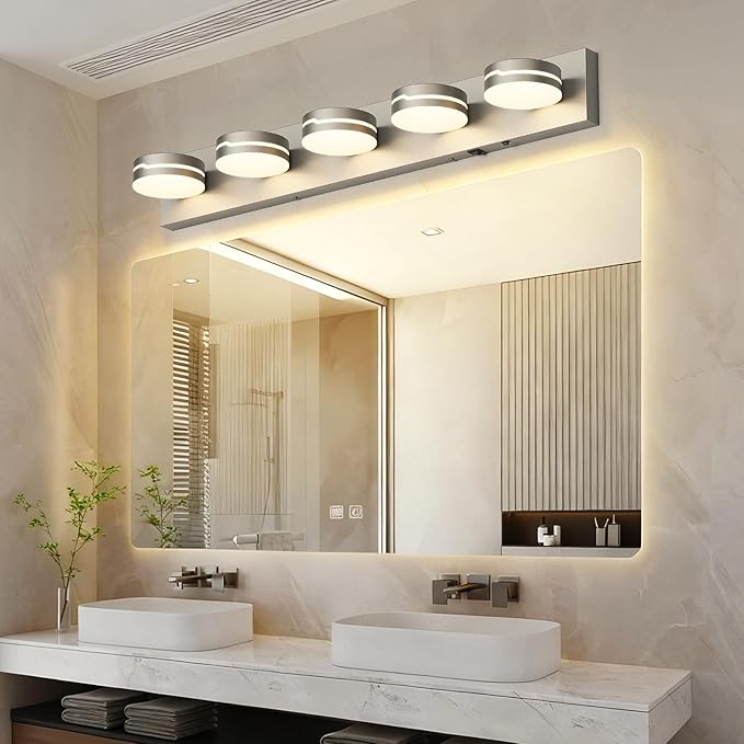 Vanity Lights for Bathroom, Motion Sensor 3 CCT Dimmable Brushed Nickel Bathroom Light Fixtures Over Mirror, 32.28in 30W 5-Light LED Modern Wall Sconce Makeup Lighting, 350° Rotatable, Hardwired