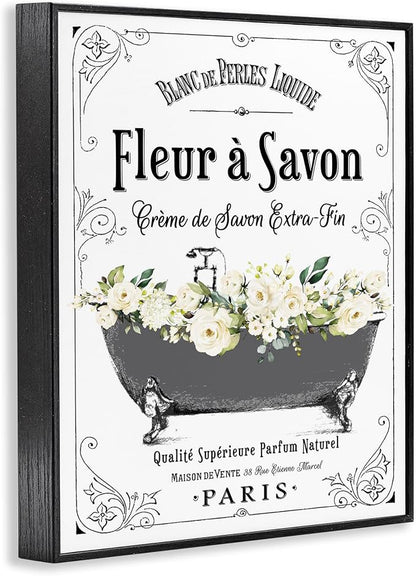 Stupell Industries 'Fleur a Savon Vintage Parisian Bathroom Floral Tub', Framed Giclee Art, Black, 24 x 30 Inches, Easy to Hang and Sturdy, Made in USA, by Lettered and Lined