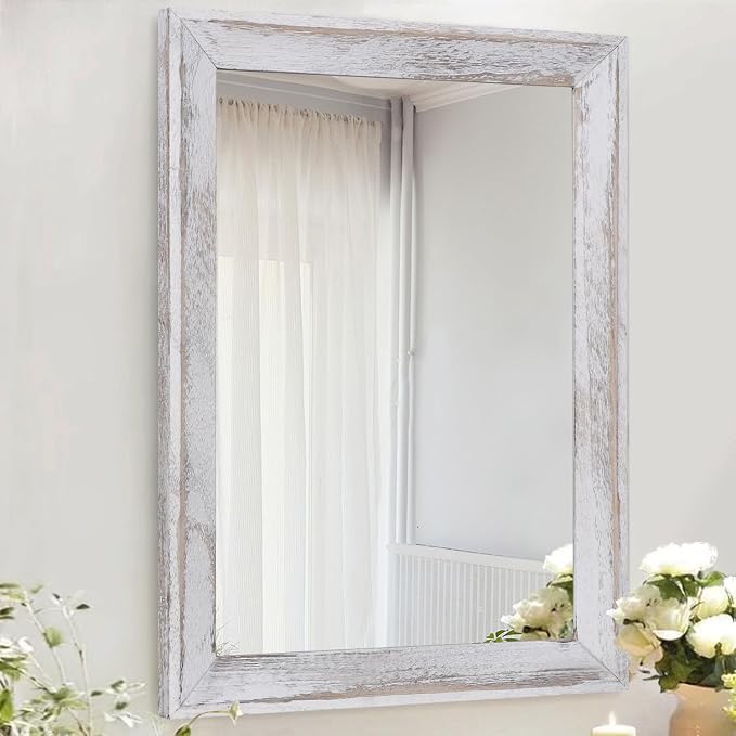 AAZZKANG Mirrors for Wall Rustic Wood Framed Hanging Mirror 26"x18" Decorative for Farmhouse Bedroom Bathroom Living Room Entryway Hallway White