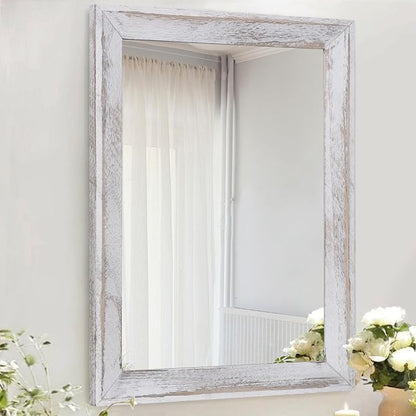 AAZZKANG Mirrors for Wall Rustic Wood Framed Hanging Mirror 28"x20" Decorative for Farmhouse Bedroom Bathroom Living Room Entryway Hallway White