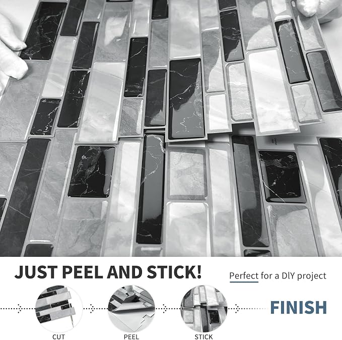 DEWOO Kitchen Backsplash 3D Self Adhesive Peel and Stick Wall Tile 10 Sheet | Mosaic,Sticky,Vinyl,Rental friendly,Marble,for Bathroom,12"x12"