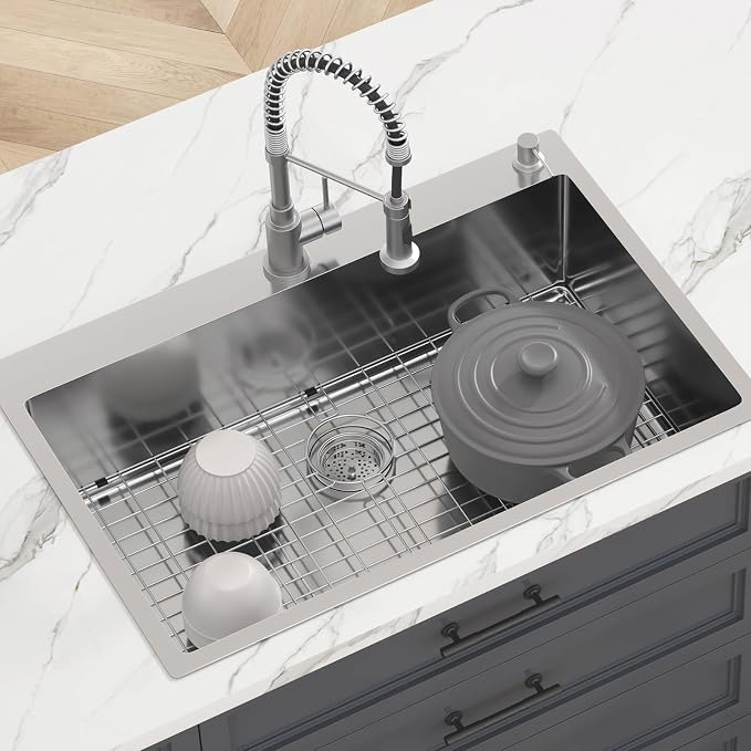 VEVOR 33" Kitchen Workstation, 304 Stainless Steel Top Mount, Built-in Single Bowl Farmhouse with Accessories, Home Dishwasher Sink, for RV, Prep Kitchen and Bar (Black) (Silver, 33IN)