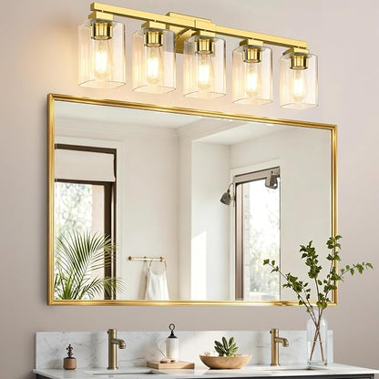 31” Bathroom Light Fixtures Over Mirror, 5-Light Gold Vanity Light | Square Clear Glass & Durable Metal, Quick & Easy Installation, Standard E26 Socket, Bright Bathroom Lighting