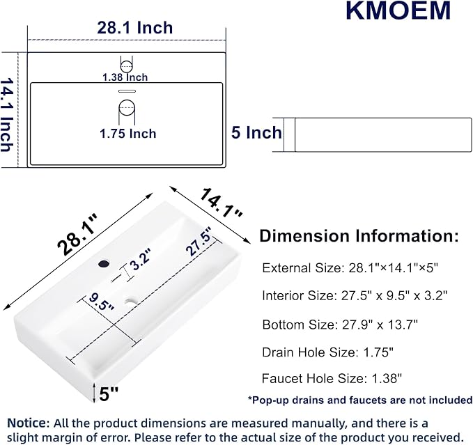 Wall Mount Bathroom Sink 28"x14" Small Vessel Sink Wall Mounted Rectangular Wall Hung Mini White Porcelain Ceramic Floating Tiny Sink with Overflow, Durable, Space-Saving, Ideal for Home,RV