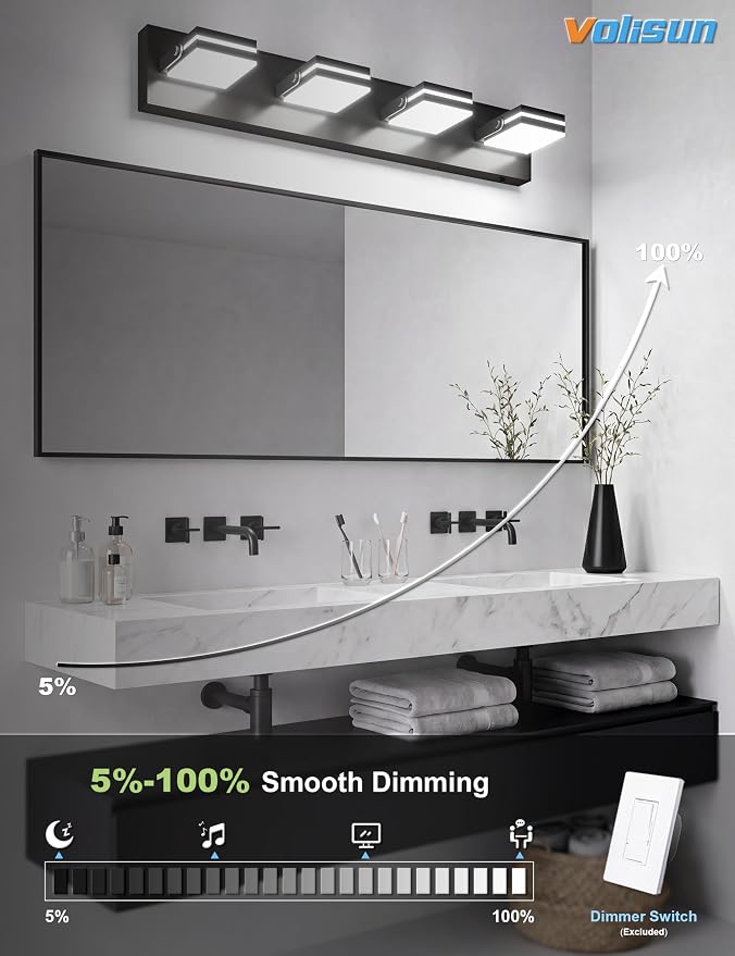 VOLISUN 4 Light Bathroom Vanity Light, 27.16 inch Dimmable Bathroom Light Fixtures Over Mirror, 5 Color Temperatures, 180°Rotatable Head, Black LED Vanity Lights for Bathrooms-ETL Certificated