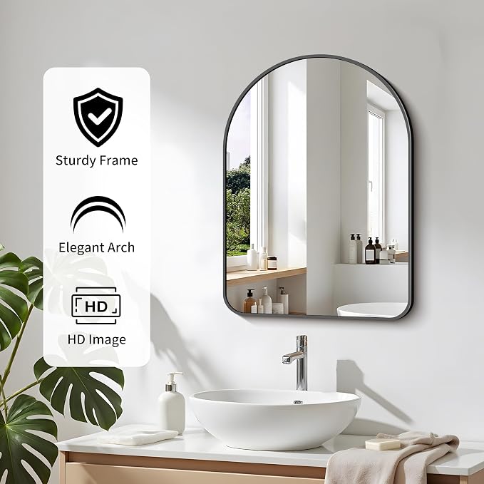 FORBATH Arched Bathroom Mirror 18x24 Inch, Black Bathroom Mirror Wall Mounted Modern Aluminum Alloy Frame Arch Mirror for Bedroom Living Room Entryway, Hanging or Leaning Against Wall