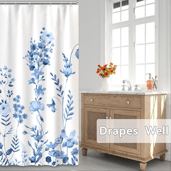 AWERT Small Half Size Stall Shower Curtain with Hooks Shower Stall Curtain 48 x 72 Light Blue Floral 48 inch for Bathroom/RV and Camper
