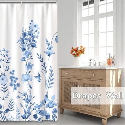 AWERT Small Half Size Stall Shower Curtain with Hooks Shower Stall Curtain 48 x 72 Light Blue Floral 48 inch for Bathroom/RV and Camper