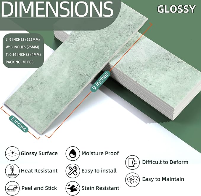 Tilingview 30 PCS Peel and Stick Backsplash Tile for Kitchen/Bathroom/Living Room, 3"x 9" Self-Adhesive Glossy Subway Tile for Backsplash, Matte Textures Tiles/Handmade Tiles (Light Green)