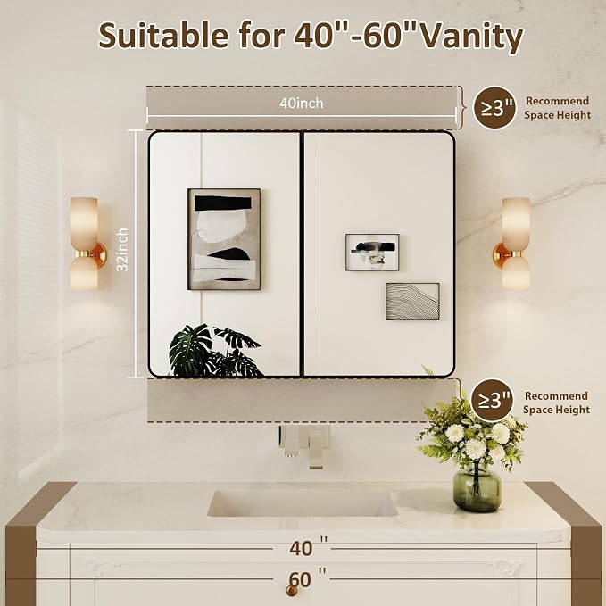 Medicine Cabinet Mirror 40x32 Inch, Double-Sided Bathroom Mirror Cabinet with Adjustable Glass Shelves, 2-Compartment Bathroom Mirror with Storage Recessed or Wall Mount