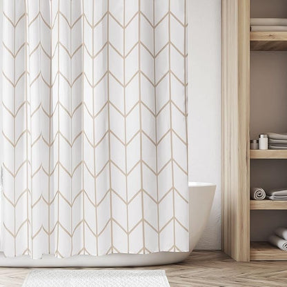 mDesign Fabric Geometric Shower Curtain - Herringbone Chevron Print with Reinforced Buttonholes for Master/Guest Bathroom - Machine Washable & Water Resistant Curtains - 72" x 72" - Beige/White