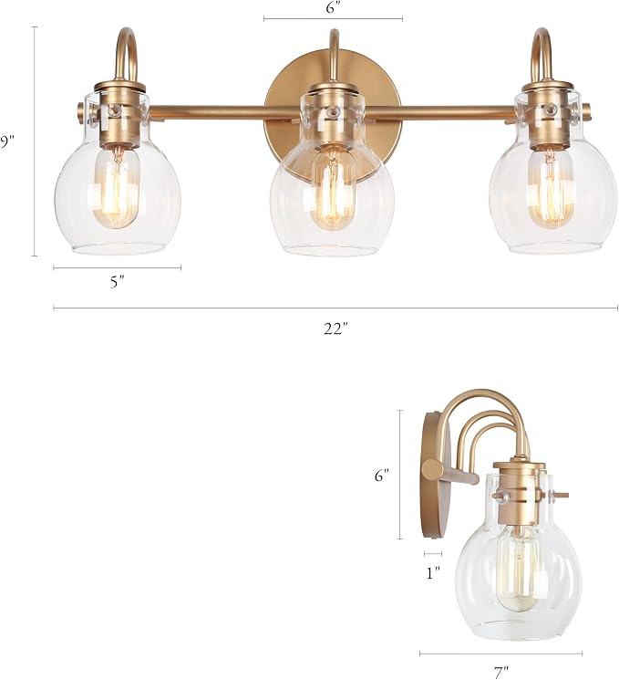 Gold Bathroom Light Fixtures, 22'' Modern Vanity Lights with Clear Glass Globes, 3-Light Bathroom Lighting Over Mirror