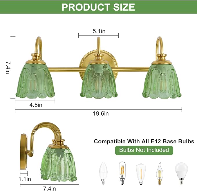 Bathroom Light Fixtures (3-Light), Vintage Brushed Gold Vanity Lights for Bathroom with Green Tulip Crystal Glass Shade, Vanity Wall Light Over Mirror for Bedroom Living Room Hallway